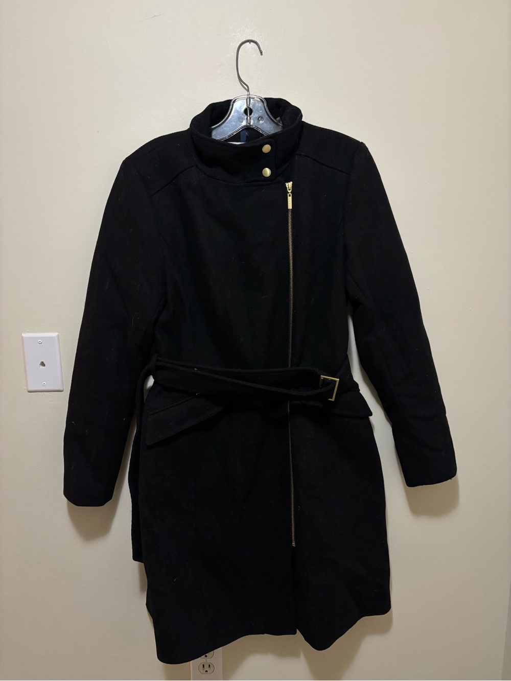 Cole Haan Signature Black Wool Asymmetrical Zip Belted Coat Size 8
